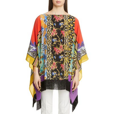 Etro Patchwork Print Fringe Hem Poncho, Size One Size - Red