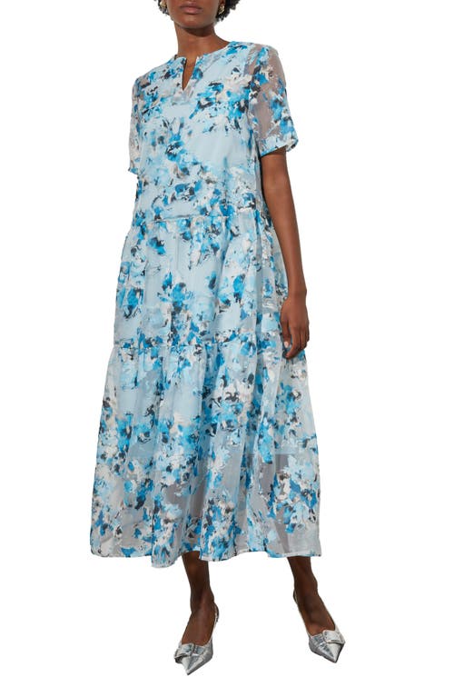 Ming Wang Tiered A-line Maxi Dress In Dew Blue/mul