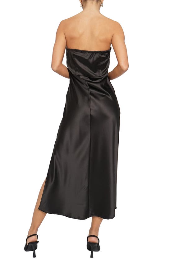Know One Cares Strapless Satin Corset Midi Dress In Black