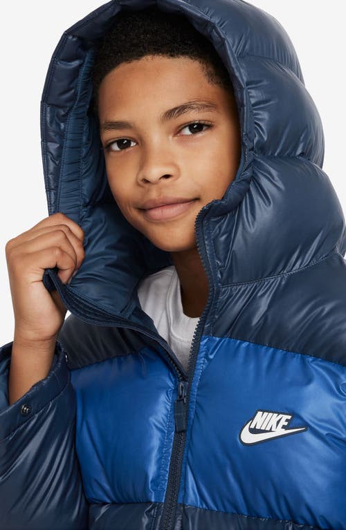 Shop Nike Kids' Sportswear Water Repellent Hooded Puffer Jacket In Midnight Navy/royal/white