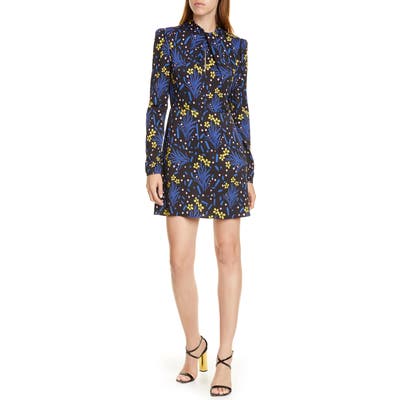 Self-Portrait Floral Long Sleeve Jersey Crepe Minidress, Blue