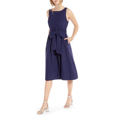 Petite 1901 Tie Waist Sleeveless Cotton Eyelet Dress, Blue