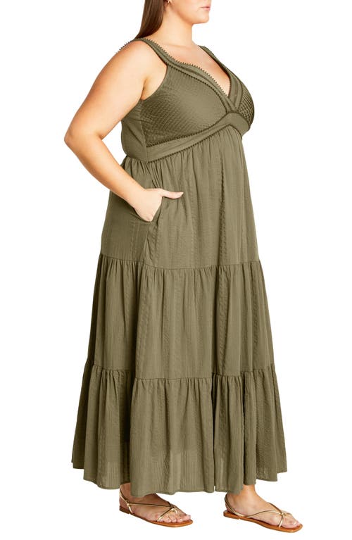 Shop City Chic Bella Tiered Cotton Maxi Sundress In Olive