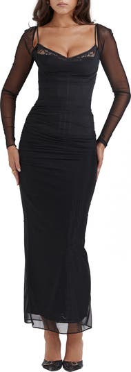 DKNY Lace Insert Long Slip Dress in Black