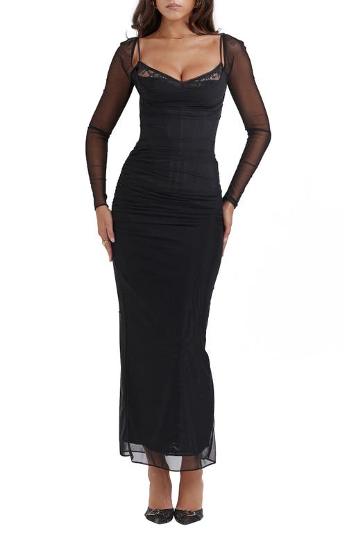Katrina Lace Mesh Long Sleeve Gown in Black