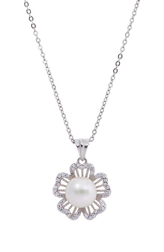Savvy Cie Jewels Cultured Pearl & Cz Flower Pendant Necklace In White
