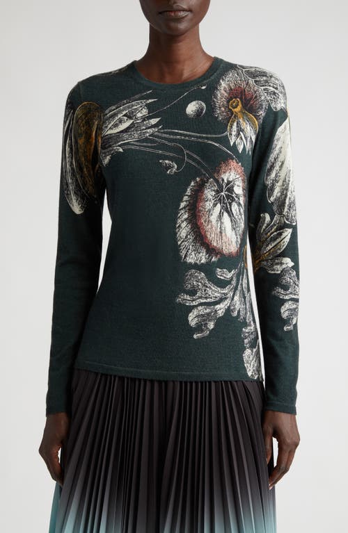 Placed Botanical Print Merino Wool Sweater in Seagreen Multi