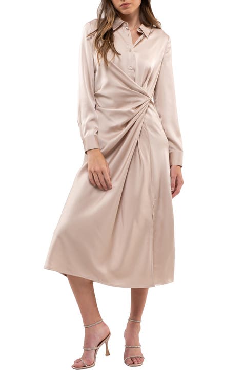 Women's 100% Satin Silk Long Sleeve Collar Shirt Dress Midi Dress