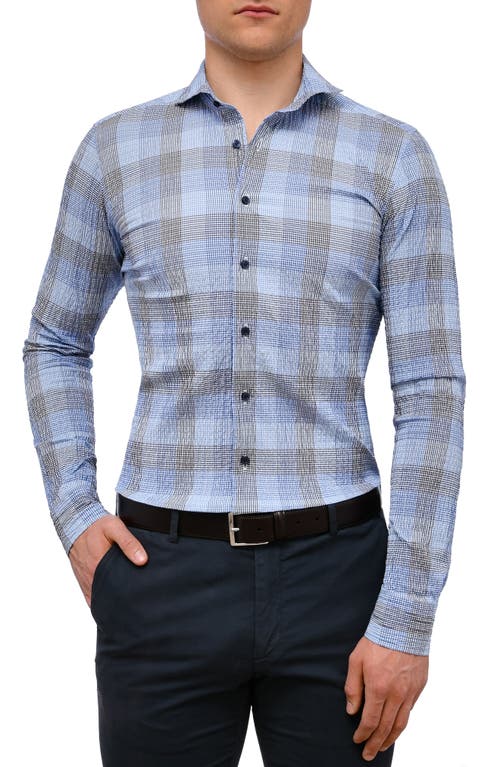 Emanuel Berg Slim Fit Pinstripe Check Seersucker Button-Up Shirt in Blue