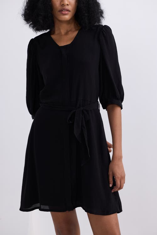 Reistor Short Black Dress With A Waist-tie In Black