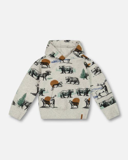 Shop Deux Par Deux Boy's Printed Forest Animals Fleece Hooded Sweatshirt Gray Mix In Oatmeal