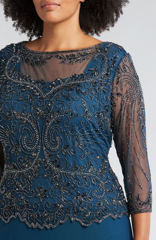 Pisarro Nights Beaded Mesh Mock Two-piece Gown In Sapphire