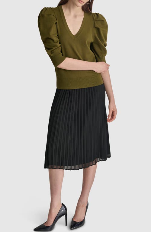 Shop Dkny Puff Sleeve V-neck Sweater In Dark Olive