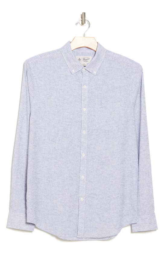 Original Penguin Stripe Stretch Linen & Cotton Button-down Shirt In Blue Indigo