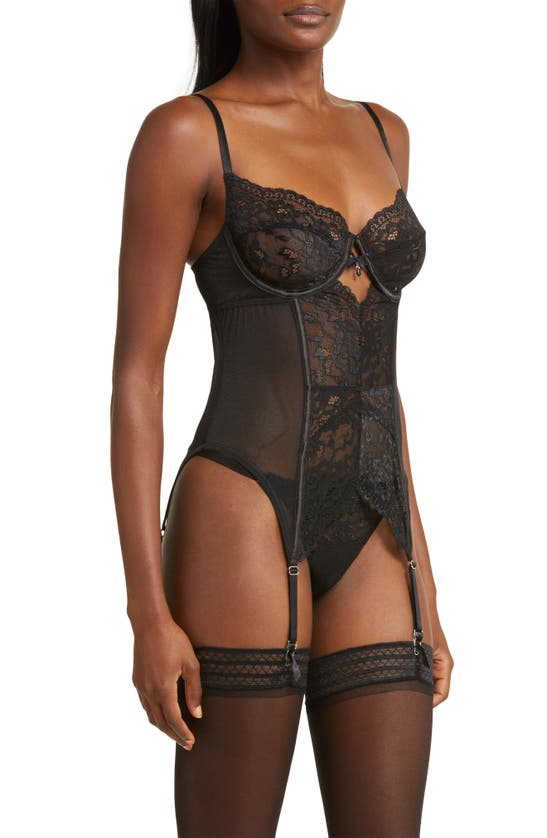 COQUETTE COQUETTE LACE UNDERWIRE BUSTIER, GARTER & THONG SET