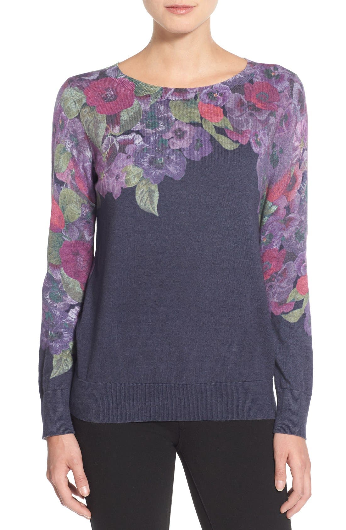 Halogen® Floral Print Lightweight Cotton Sweater (Regular & Petite