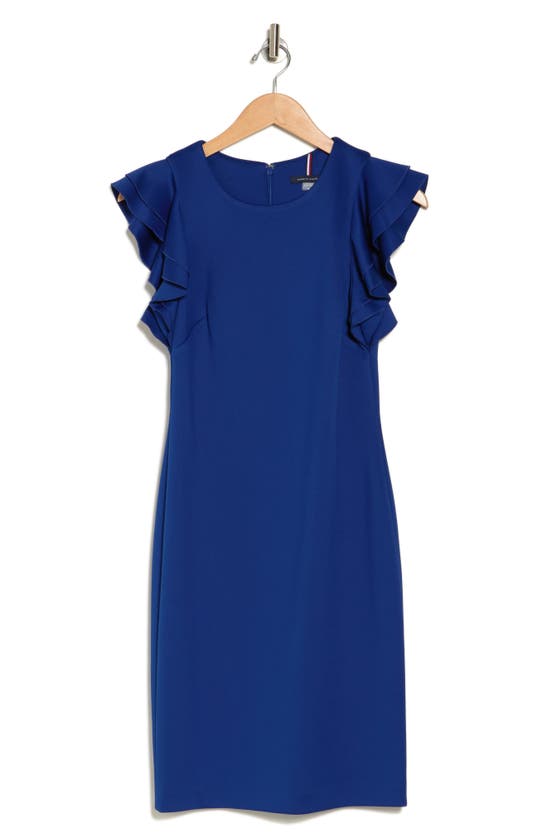 Tommy Hilfiger Flutter Sleeve Sheath Dress In Blue