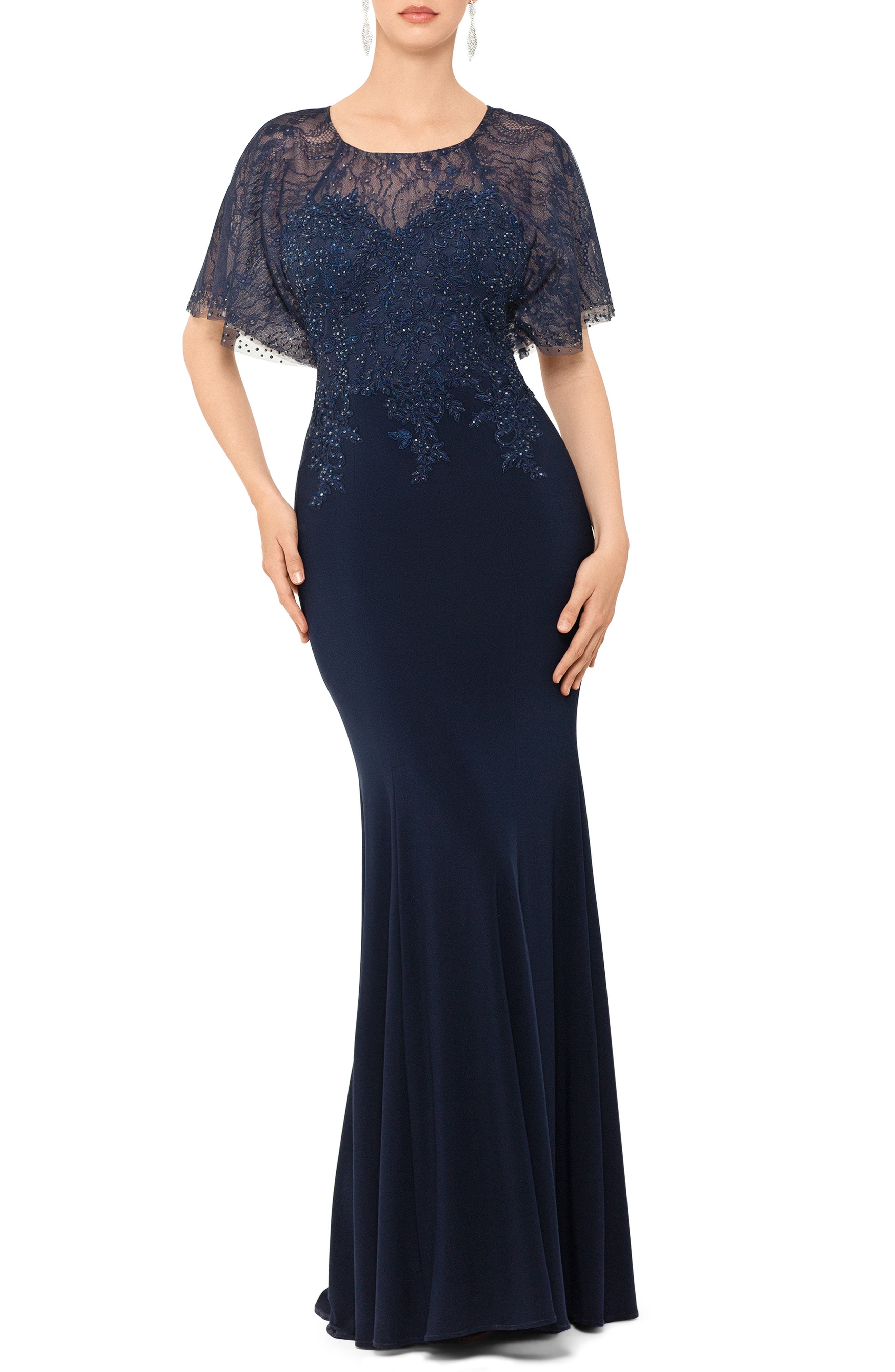 Xscape Embroidered And Bead Embellished Trumpet Evening Gown, Blue
