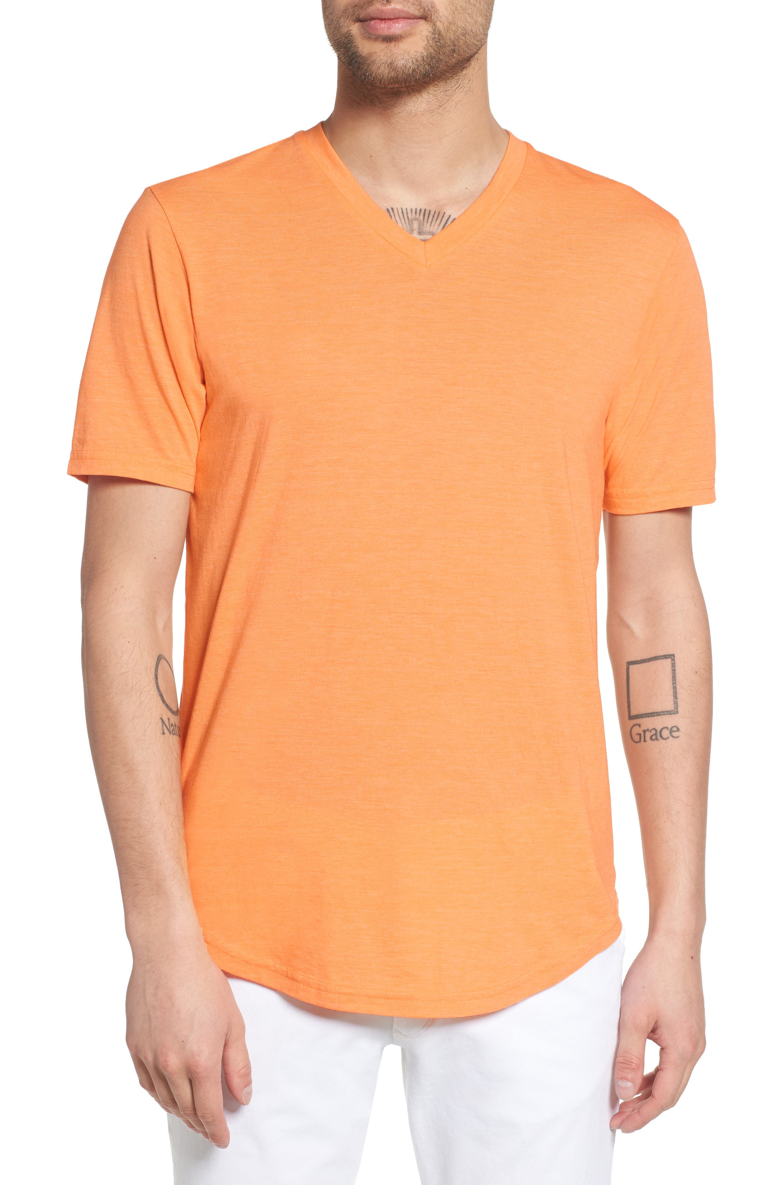 Goodlife Scallop Triblend V-neck Slim Fit T-shirt In Mock Orange