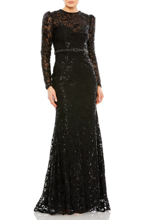 Sequin Tapestry Long Sleeve Trumpet Gown