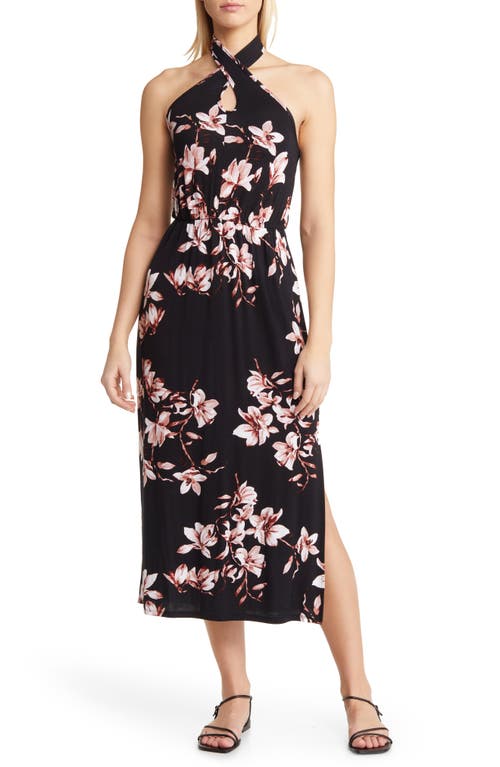 Loveappella Floral Print Twist Halter Neck Midi Dress In Black/blush