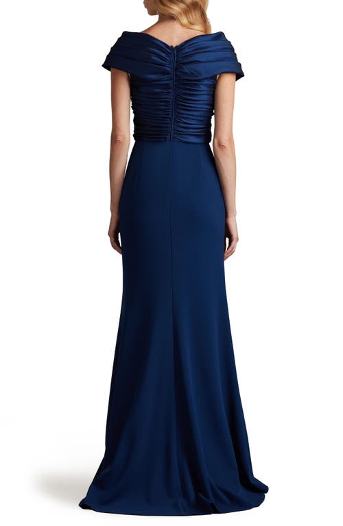 Shop Tadashi Shoji Portrait Neck Taffeta Gown In Navy