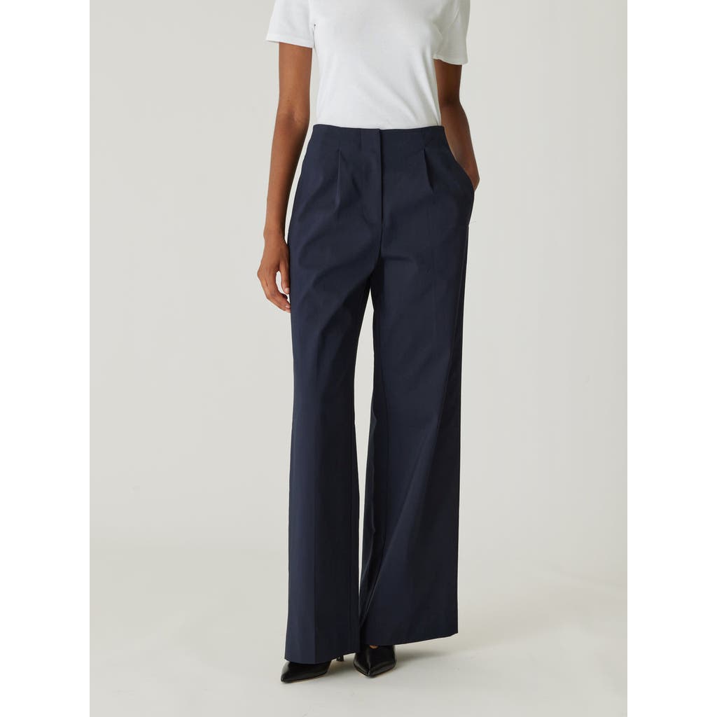 Rebecca Taylor Refined Sateen Wide Leg Cotton Trouser In Dark Navy