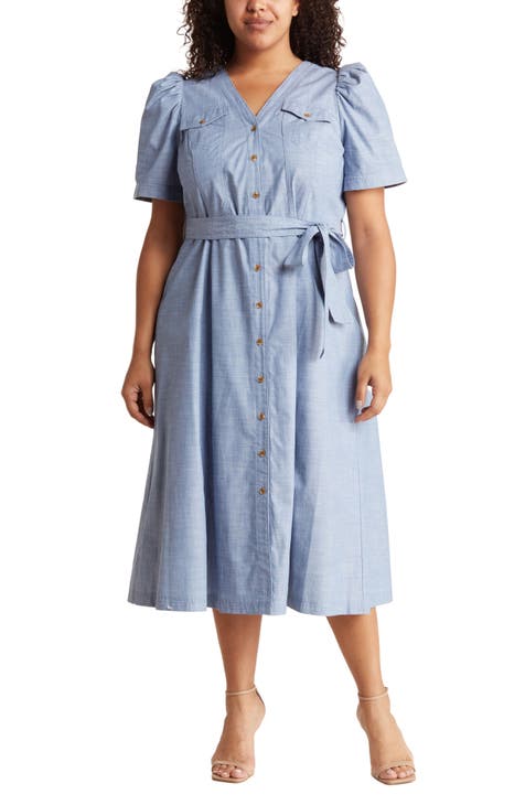 Short Sleeve Button Front Cotton Dress (Plus Size)