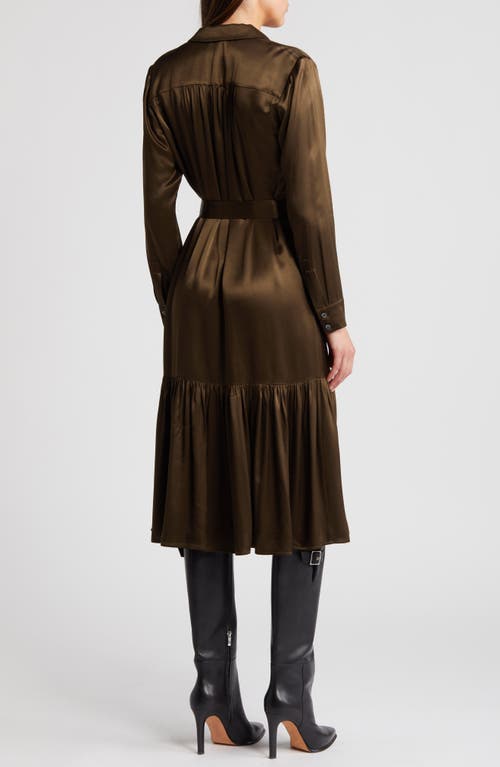 Shop Rails Beatrice Long Sleeve Belted Satin Midi Shirtdress In Moss