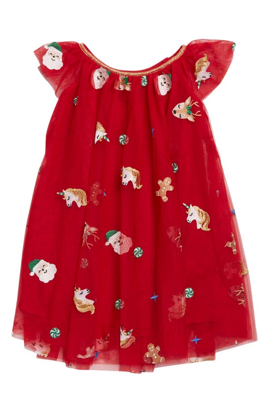 Zunie Kids' Holiday Embroidered Tulle Dress In Red