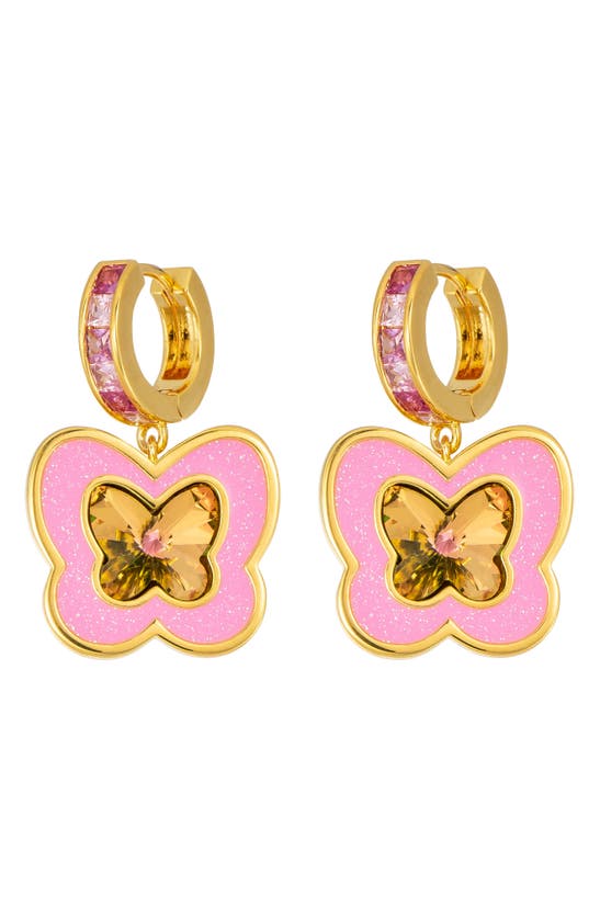 Shop July Child Rosa Butterfly Drop Huggie Hoop Earrings In Pink Glitter/crystal/cubic Zir