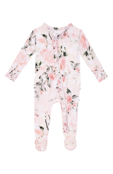Vintage Pink Rose Ruffle Fitted Footie Pajamas (Baby)