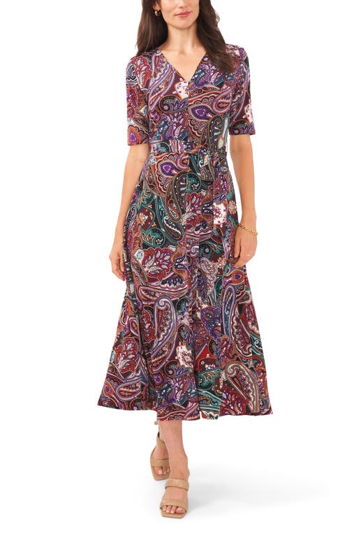 Chaus Paisley Tie Waist Midi Dress In Plum/pepper