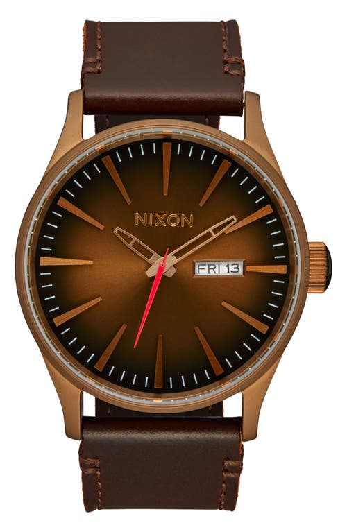 Shop Nixon The Sentry Leather Strap Watch, 42mm In Bronze/black