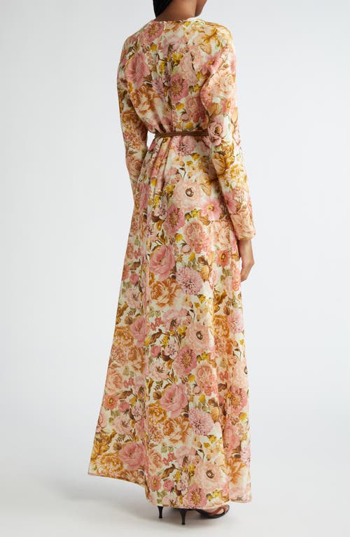 Shop Zimmermann Golden Floral Print Long Sleeve Linen Maxi Dress In Pink Rose