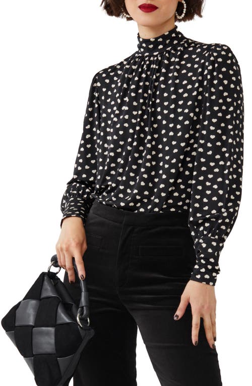 & Other Stories Print Mock Neck Blouse in Black W. Tiny Hearts Aop