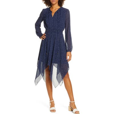 Charles Henry Dot Print Long Sleeve Handkerchief Hem Dress, Blue