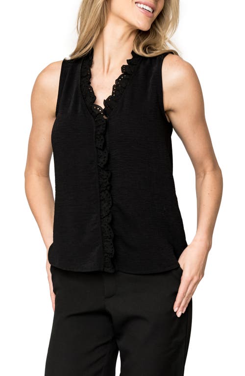 Embroidered Eyelet Trim Button-Up Top in Black