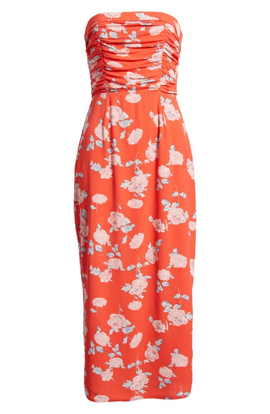 Shop Wayf Birdie Ruched Strapless Midi Dress In Tomato Roses