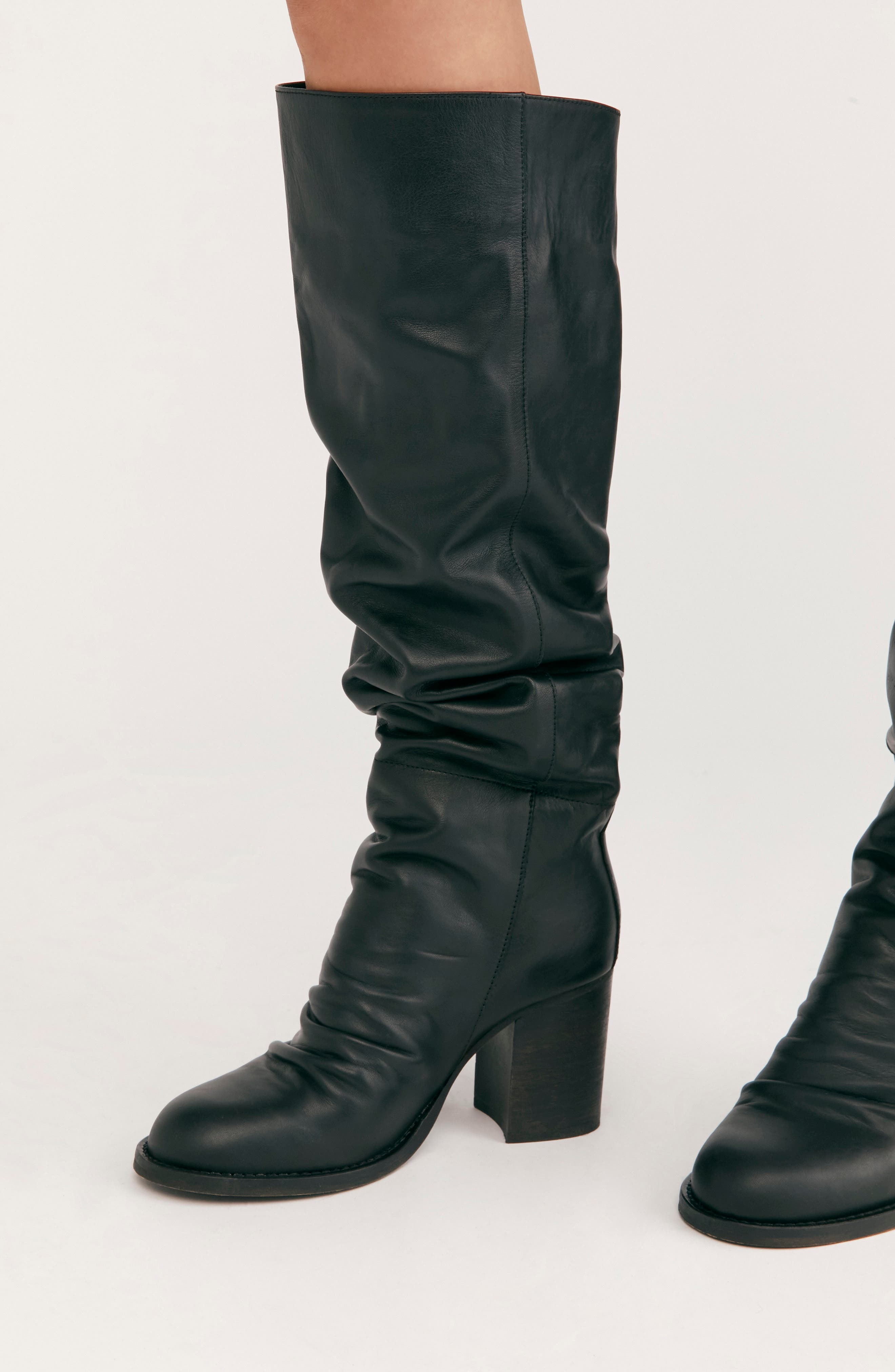 black leather knee high slouch boots