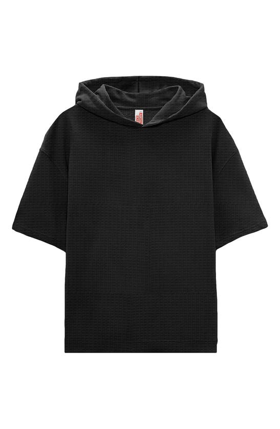 Fleece Factory Short Sleeve Lightweight Jersey Waffle Hoodie In Black