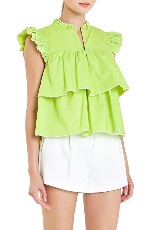 English Factory Ruffle Sleeve Tiered Cotton Top In Lime