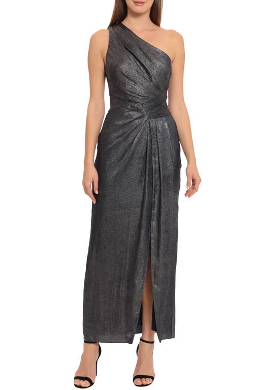 Maggy London One Shoulder Gown in Navy/Silver