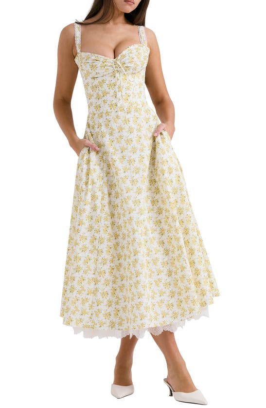 Shop House Of Cb Rosalee Floral Stretch Cotton Petticoat Dress In Yellow Floral Print