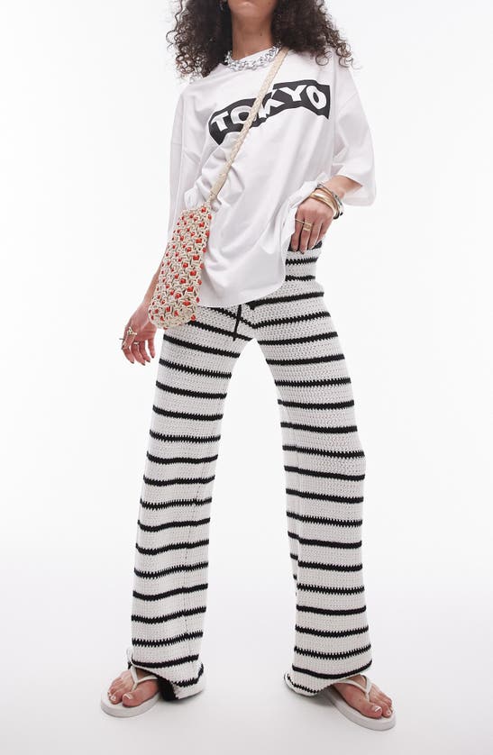 Shop Topshop Stripe Open Stitch Knit Drawstring Pants In White Multi
