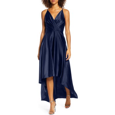 Chi Chi London Katherine Surplice High/low Satin Gown, Blue