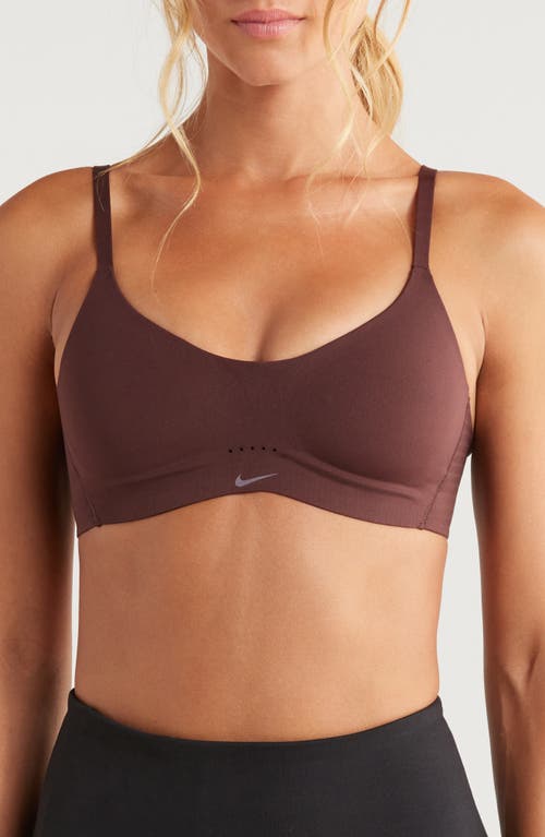 Nike Dri-fit Alate Minimalist Light-support Padded Bra In Dark Brown In Earth/white