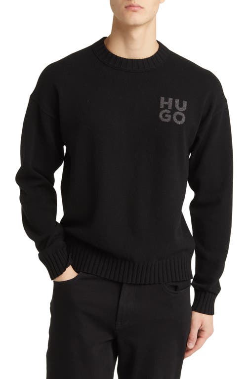 HUGO San Cassio Stacked Logo Wool Blend Crewneck Sweater in Black at Nordstrom, Size Medium