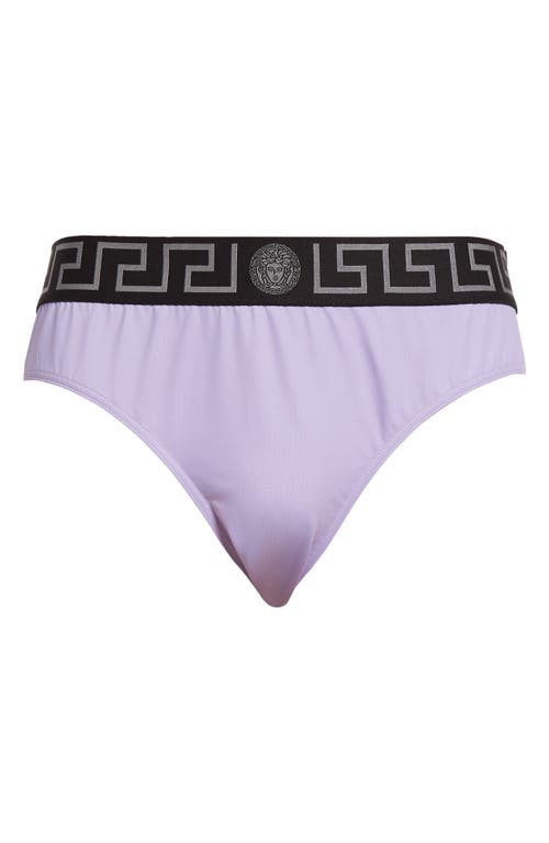 Shop Versace Vita Greek Key Swim Briefs In Mauve Nero-argento