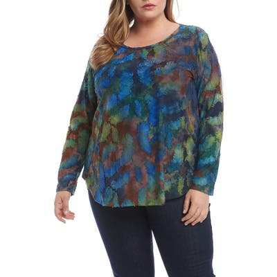 Plus Size Karen Kane Tie Dye Burnout Long Sleeve Shirttail Tee, Blue